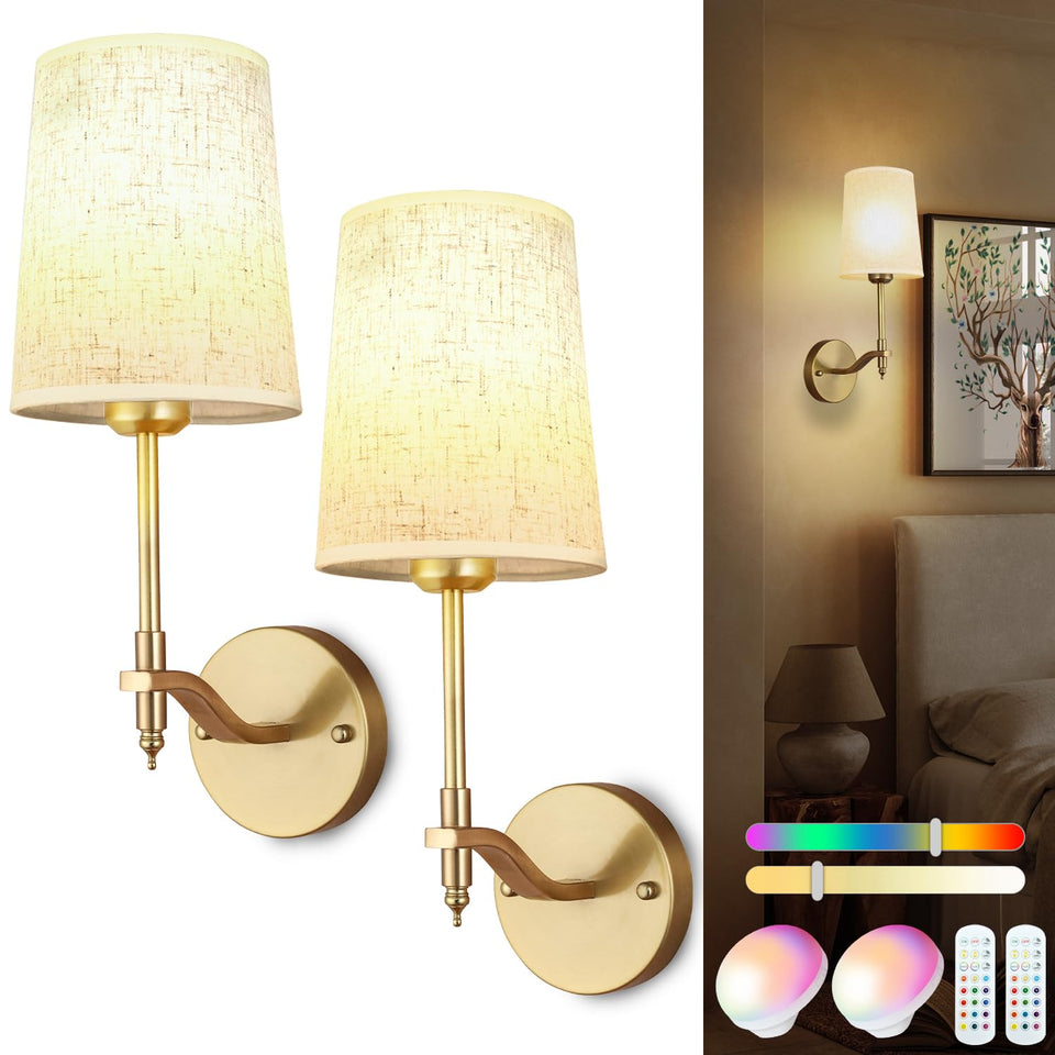 Troconce Battery Operated Wall Sconces Set Of 2, Gold Rechargeable Wall Lights With 15 Rgb Dimmable Detachable Bulbs And Remote,