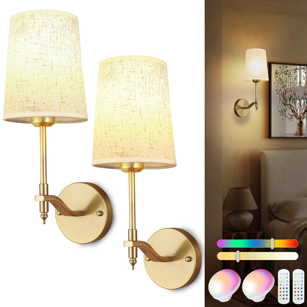 Troconce Battery Operated Wall Sconces Set Of 2, Gold Rechargeable Wall Lights With 15 Rgb Dimmable Detachable Bulbs And Remote,