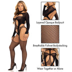 2 PC Fishnet halter suspender bodystocking and layered opaque cut-out teddy.