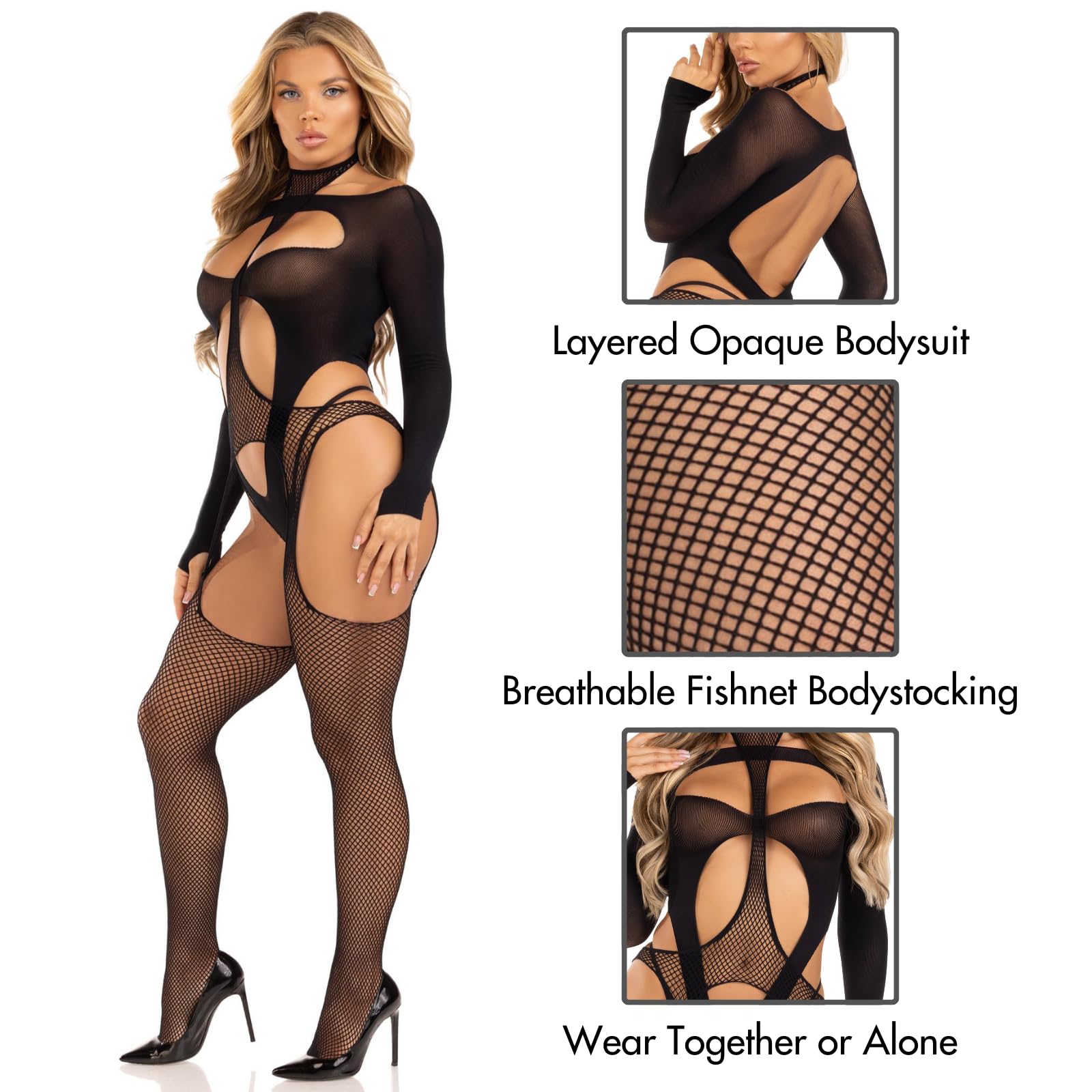 2 PC Fishnet halter suspender bodystocking and layered opaque cut-out teddy.