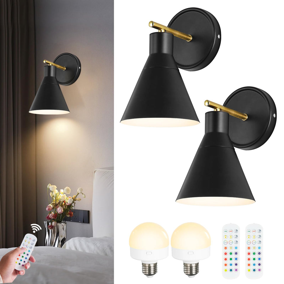 Bailoch Black Rechargeable Batttery Operated Wall Sconces Set Of 2, Wireless Battery Powered Non Hardwired Wall Lights, 300Lm Di