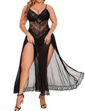 Alrovetoney Sexy Lingerie Plus Size For Curvy Women Babydoll Sexy Mesh Maxi Nightdress Strappy Exotic Sleepwear Side Slits Black