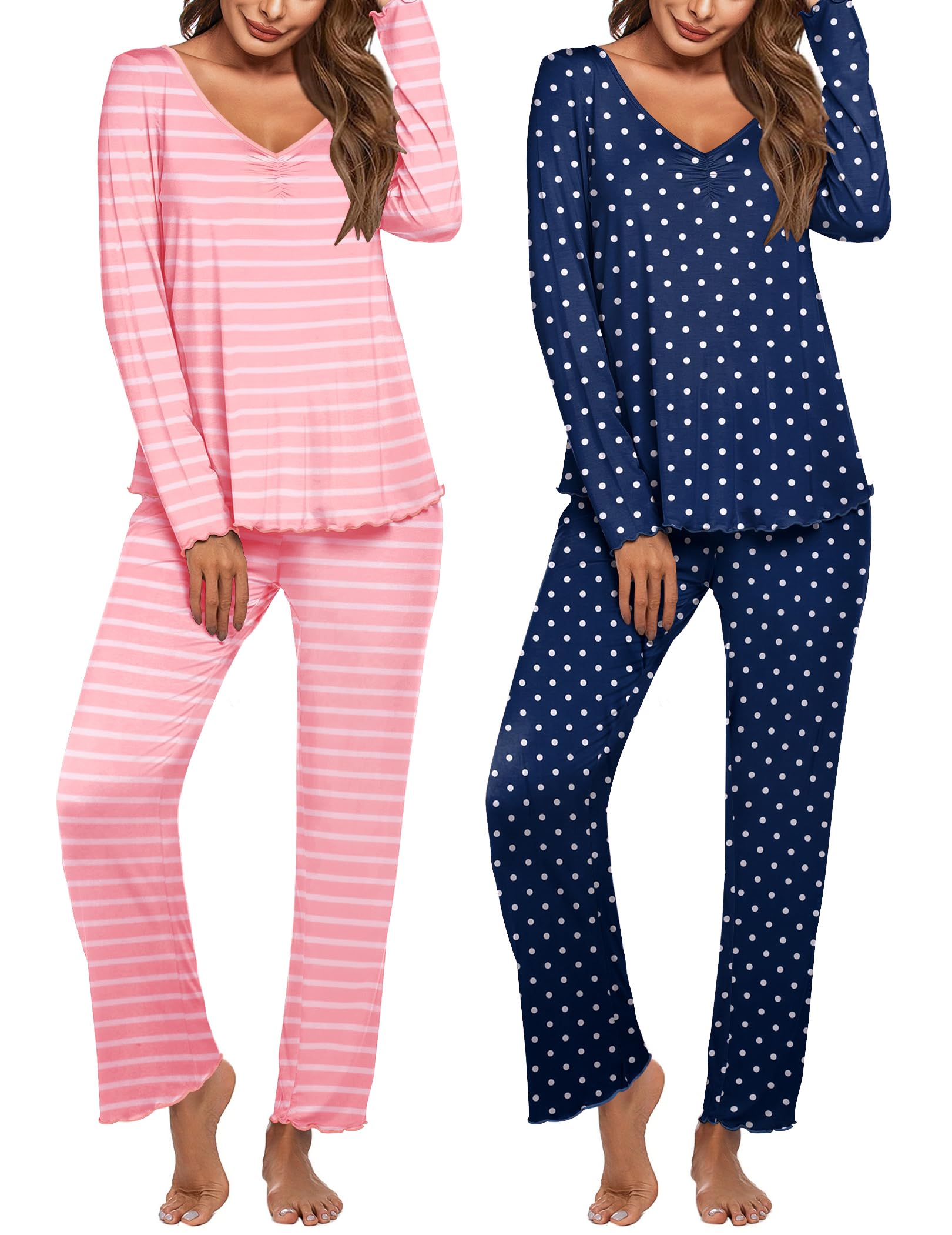 Ekouaer Womens 2 Pack Pajama Set Long Sleeve Pajamas Top and Pants V Neck Pjs Set Soft Sleepwear Loungewear