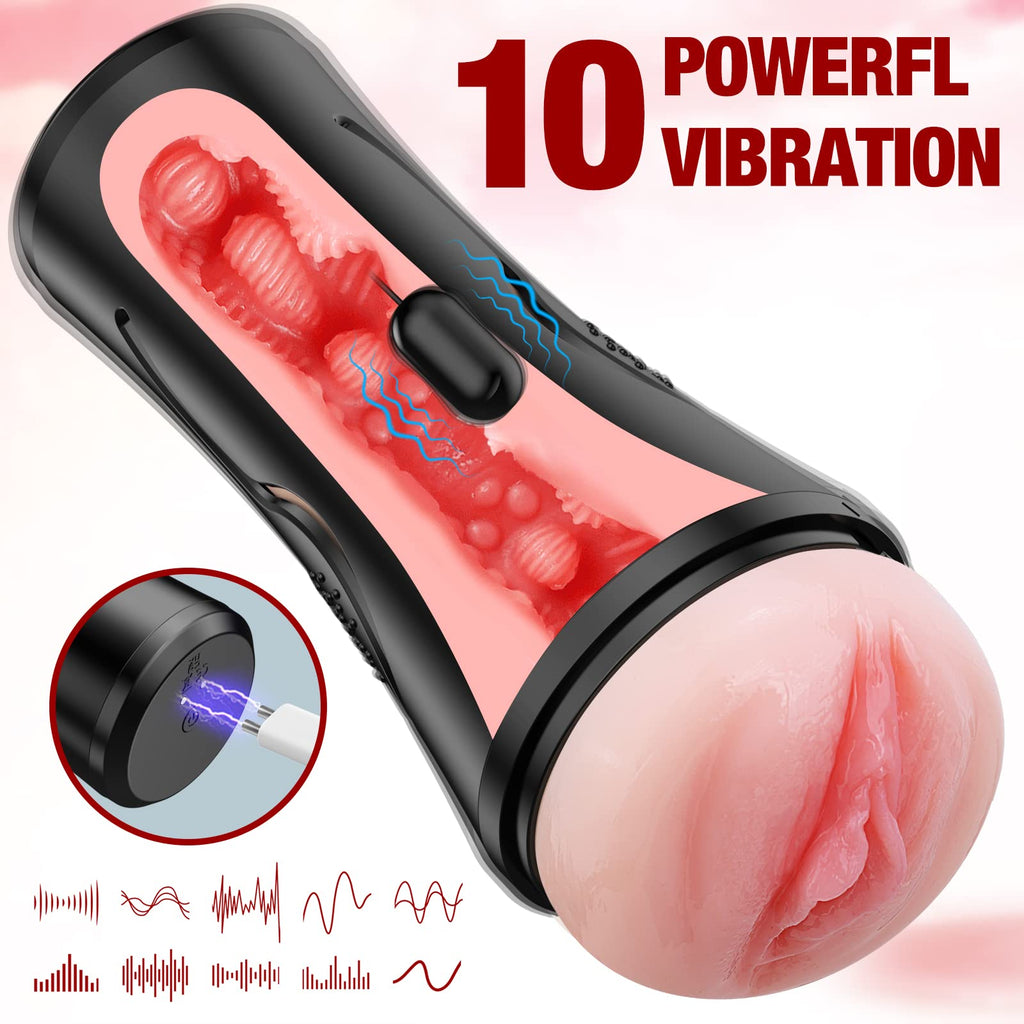 Mens Sex Toys Male Masturbator, Vibrating Masturbator Squeezable Pocket Pussy for Men with 7.5 '' Depth Lifelike Textured Vagina