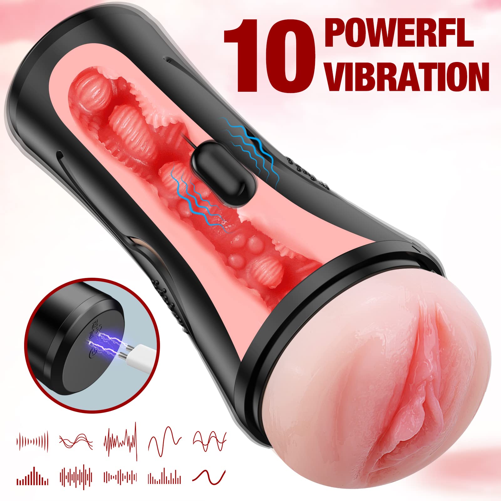 Mens Sex Toys Male Masturbator, Vibrating Masturbator Squeezable Pocket Pussy for Men with 7.5 '' Depth Lifelike Textured Vagina
