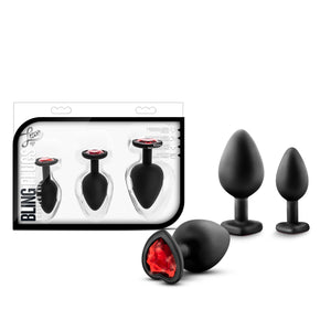 Blush Luxe Bling Silicone Anal Training Plug Kit, 3-Pc Set - Heart-Shaped Base & Red Gem - S, M, L Size Bum Plug | Satin Smooth 