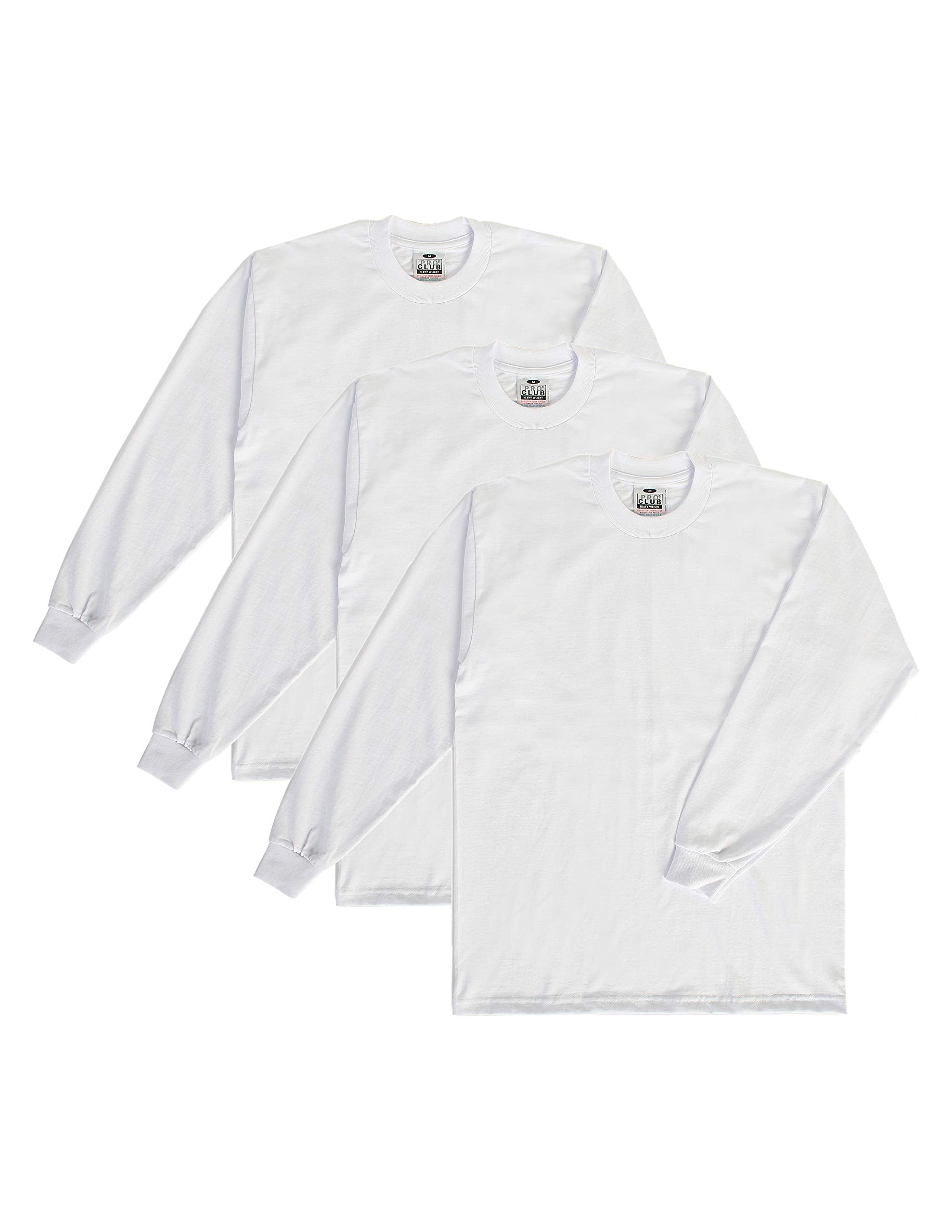Pro Club Mens 3-Pack Heavyweight Cotton Long Sleeve Crew Neck T-Shirt, White, X-Large