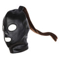 PU Leather Bondage Mask Hood SM Sex Toy with Removable Wig, Unisex Adult Eyes Mouth Open Black Restraint Headgear Mask Hood Brea