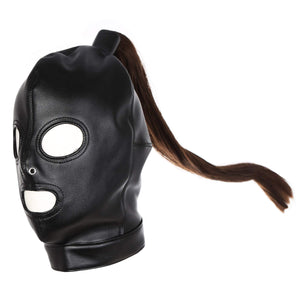 PU Leather Bondage Mask Hood SM Sex Toy with Removable Wig, Unisex Adult Eyes Mouth Open Black Restraint Headgear Mask Hood Brea