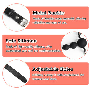 BDSM Ball Gag Sex Play, Bondage Gags & Muzzle with Beads, Silicone Mouth Gag with Removable Leather Straps, Sex Gag Face Dildo K