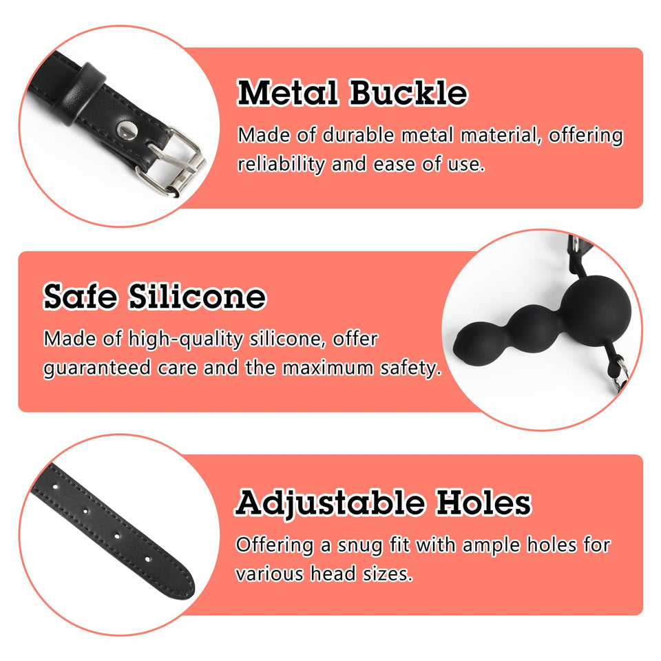 BDSM Ball Gag Sex Play, Bondage Gags & Muzzle with Beads, Silicone Mouth Gag with Removable Leather Straps, Sex Gag Face Dildo K