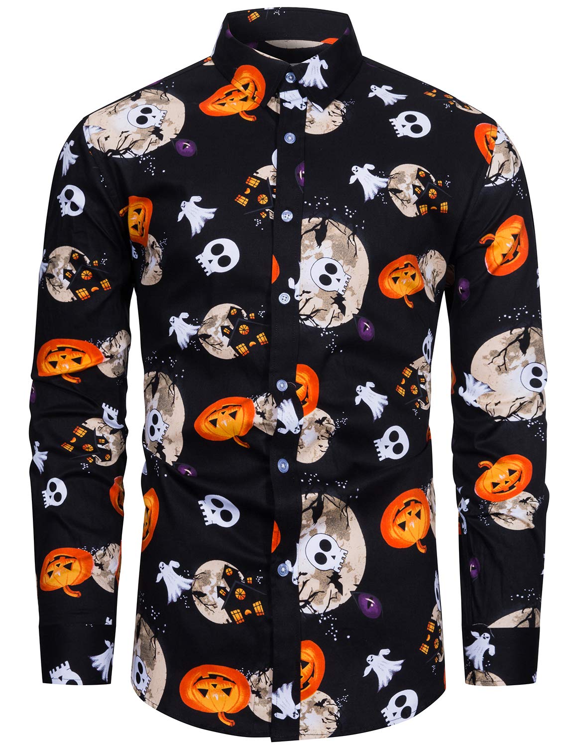 fohemr Mens Funny Halloween Shirt Ugly Pumpkin Skull Print Long Sleeve Casual Button Down Party Shirts Adult Costume Black Small