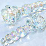 Glass Anal Beads Colorful Butt Plug Prostate Massager with Long Neck, Rose Round Base and 4 Gradual Beads Anal Dilator Fetish Bu