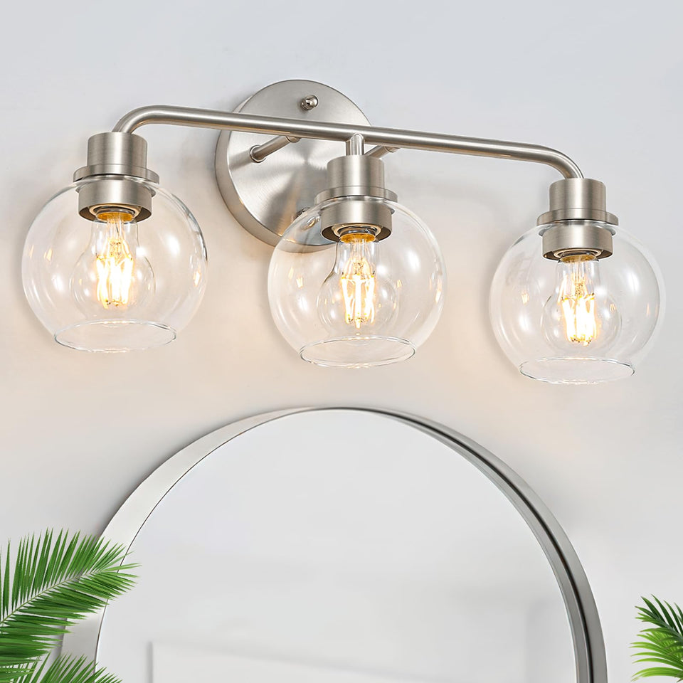 3 Light Bathroom Vanity Light Fixtures, Brushed Nickel Vanity Lights With Clear Globe Glass Shades, Modern Bathroom Lights Wall