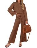 ZESICA Womens 2 Piece Outfits Set 2026 Casual Long Sleeve Knit Pullover Top and Wide Leg Pants Sweatsuit Lounge Sets,Caramel,Sm