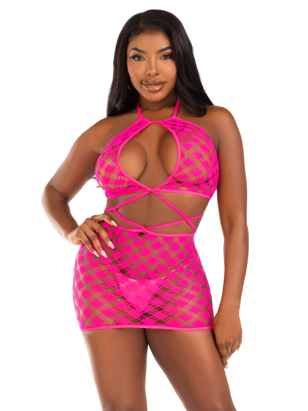 Keyhole Halter Hardcore Net Mini Dress.