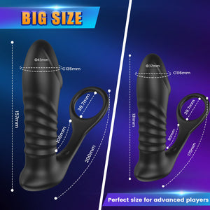 Thrusting Anal Sex Toy Vibrator with Thick Penis Ring, 3 * 10 Vibrating&Telescopic Prostate Massager Anal Vibrators, TIVINO Sili