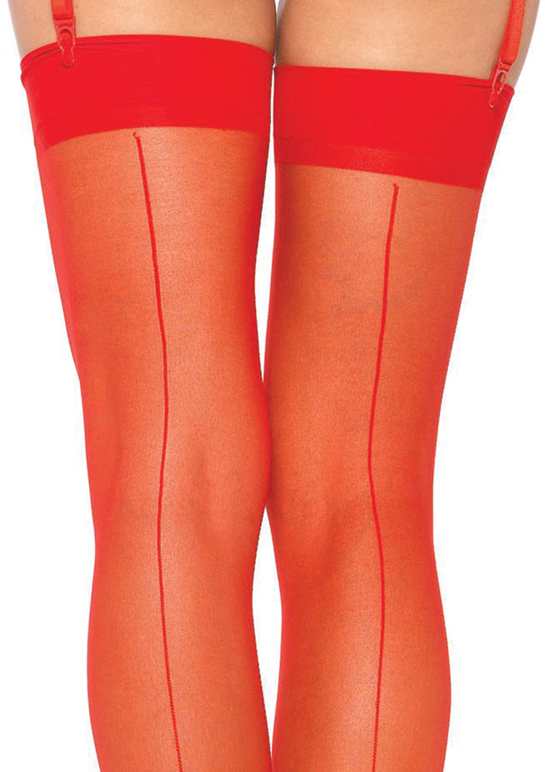 Leg Avenue Women'S Sheer Lace Top Thigh High Stockings With Backseam, Red, One Size