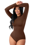 FeelinGirl Shapewear Bodysuit Fashion Long Sleeve Bodysuits Body Suit Tummy Control Tops Plus Size Dark Brown X-Large-XX-Large