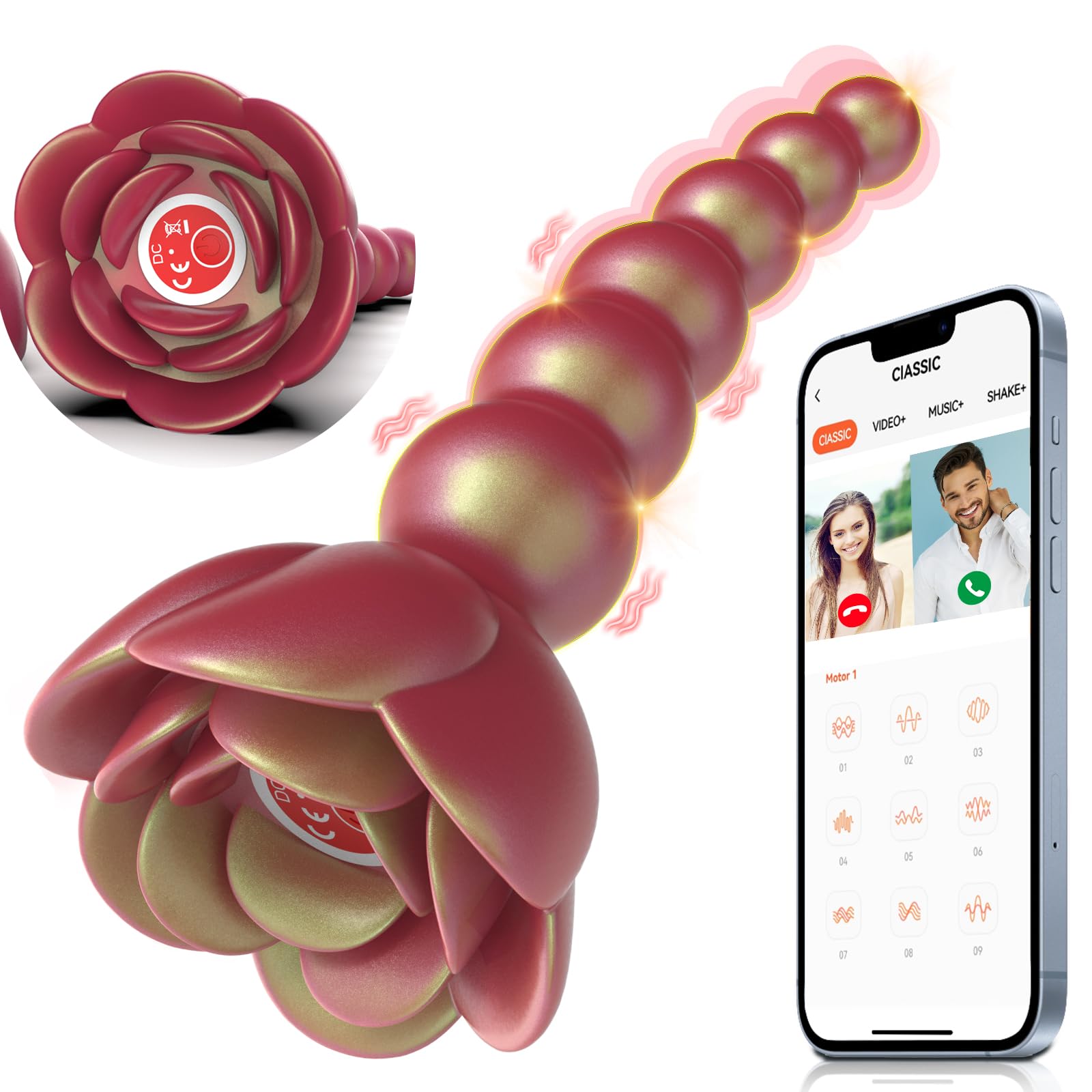 Anal Beads Butt Plug Vibrator - Rose Adult Sex Toys App Remote Control G-spot Vibrators Stimulator with 9 Vibrating Modes, Water