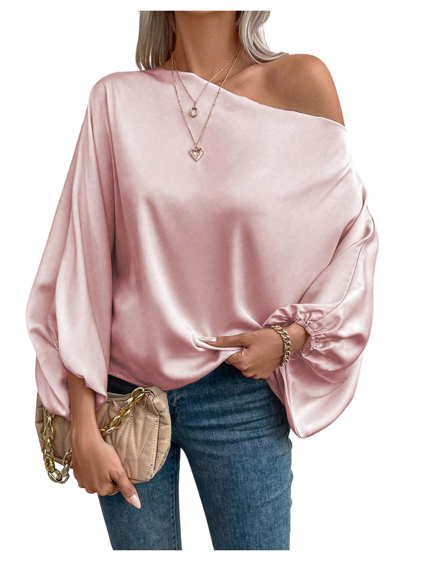 Verdusa Off The Shoulder Blouses for Women 3/4 Length Sleeve Asymmetrical Tops Dressy Casual Blouse Pink X-Large