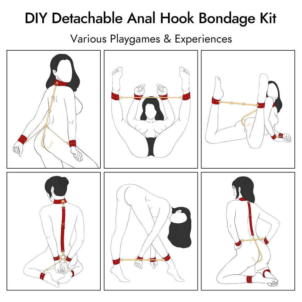 Anal Hook BDSM Sex Bondage - UTIMI Bed Restraint Kit with Adjustable Handcuffs Collar Ankle Cuffs Leather Furniture Restraint Se