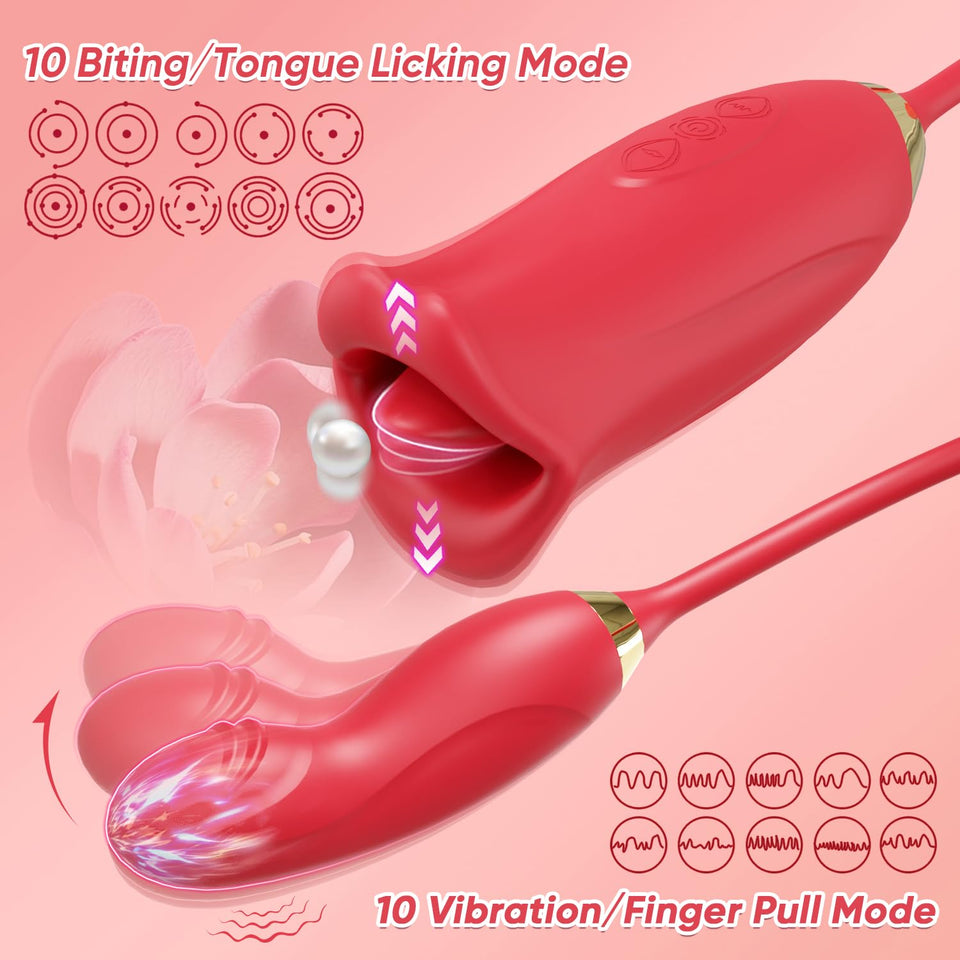 Vibrator Dildo Rose Sex Toy - 4 in 1 Tongue Toy for Women Clitoral Vibrator with 10 Tongue Licking & 10 Finger Vibrators Nipple