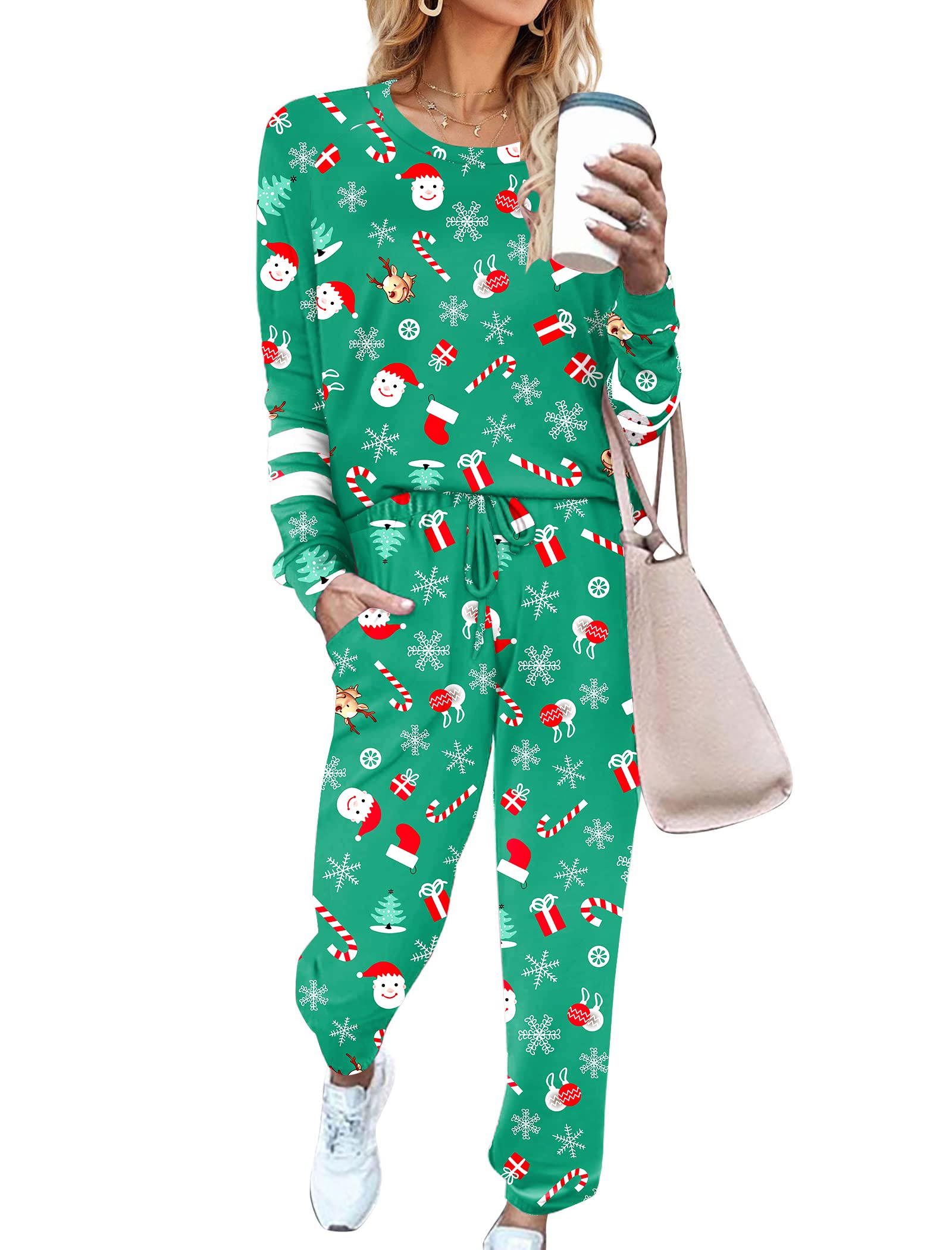 Ekouaer Sweatsuits Womens Loungewear Set Tracksuit Long Sleeve Pajamas Set with Pockets 2 Piece Outfits Lounge Sets Christmas Gr