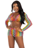 3 PC Rainbow hardcore net bra top, shrug, and boy shorts.