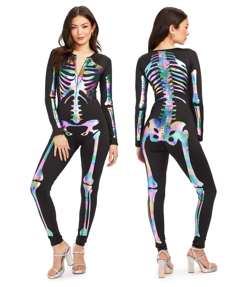 Tipsy Elves Form Fitting & Flattering Skeleton Bodysuit for Halloween - Womens Sexy Skeleton Costume - Iridescent Size Large