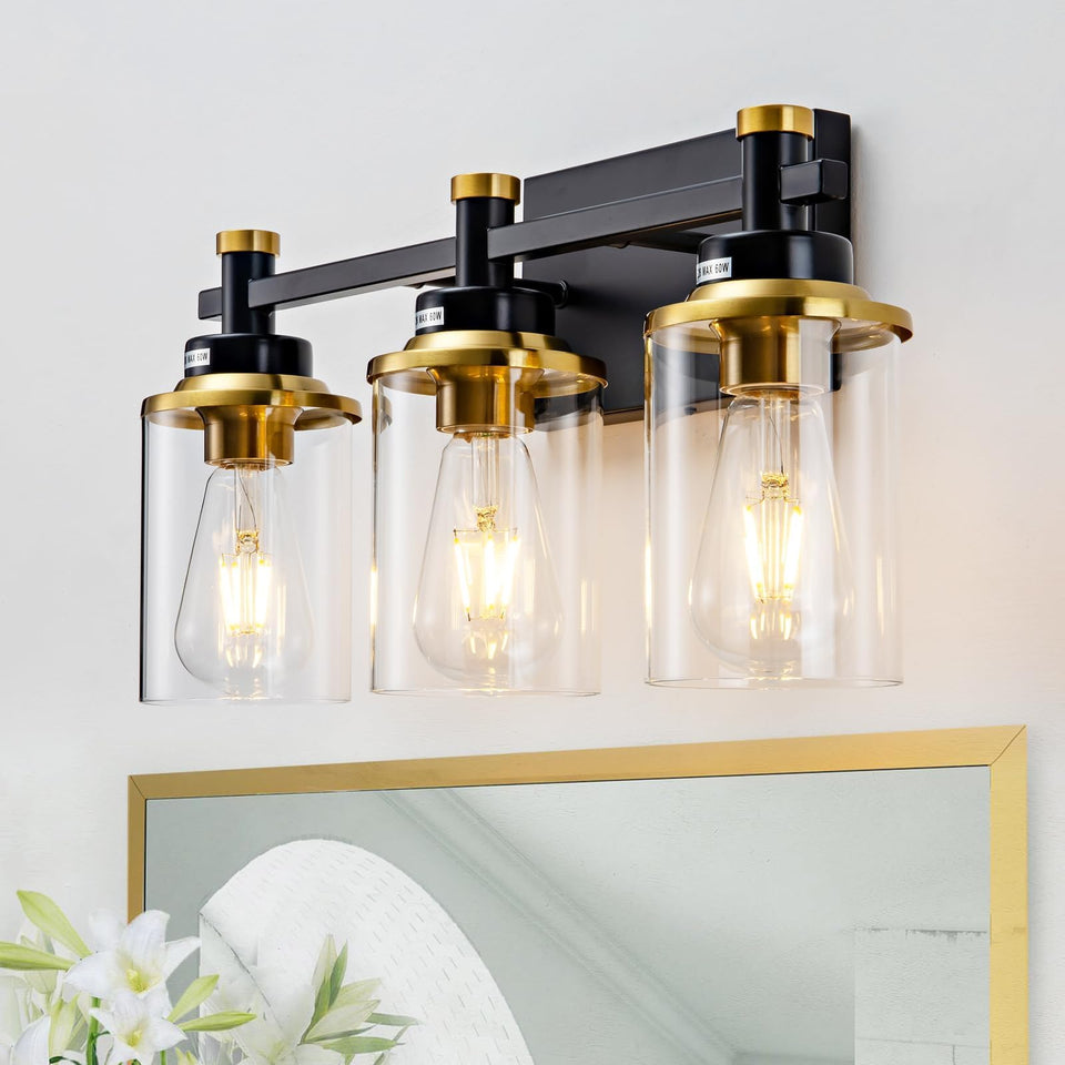 Aixialin 3 Light Bathroom Light Fixtures, Black And Brushed Gold Vanity Light Fixture Over Mirror, Modern Wall Sconces Lighting