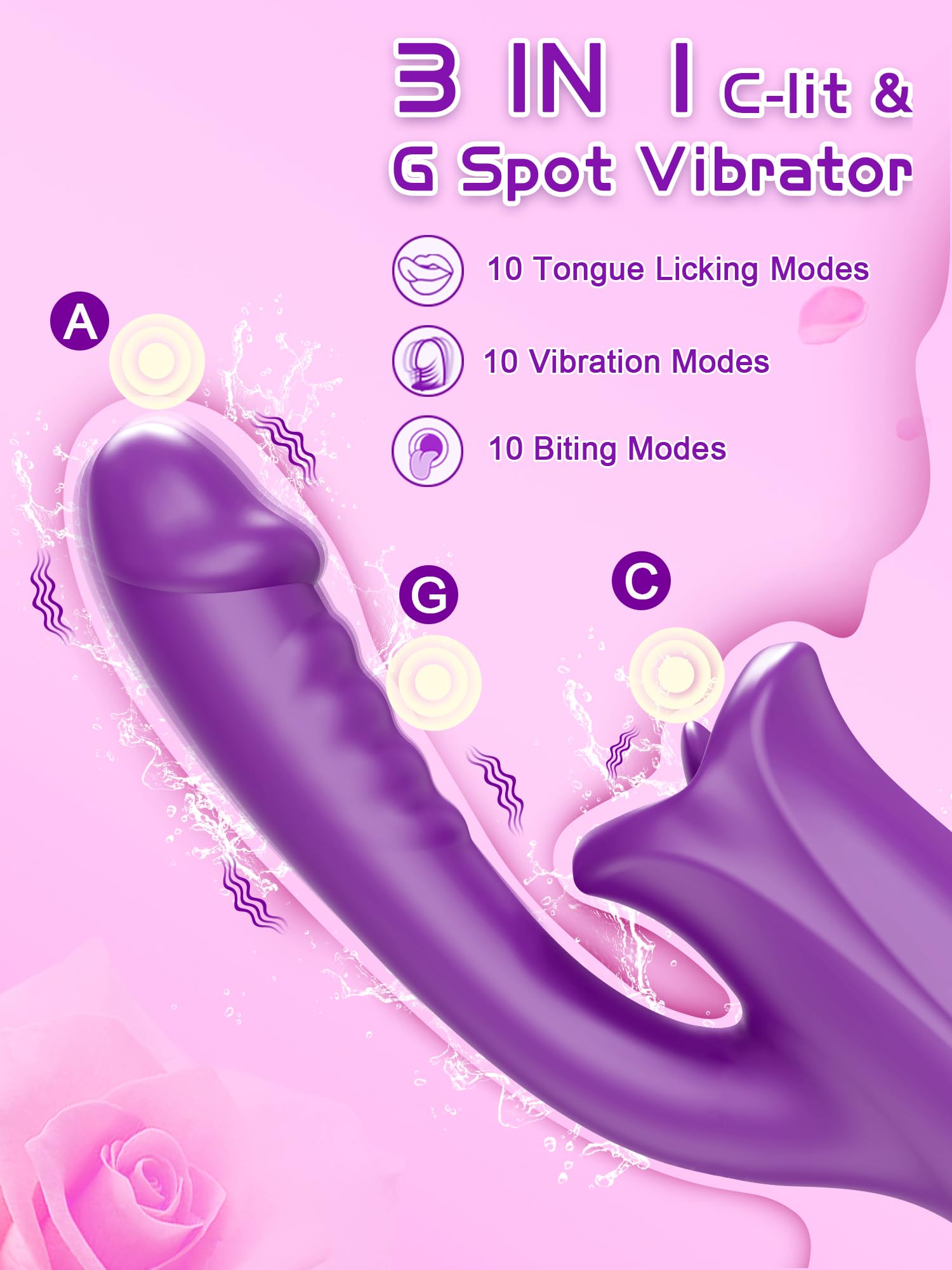 Tongue Rose Sex Toy Realistic Dildo Vibrators, 3 in 1 G Spot Vibrator for Women, Clitoral Vibrator with 10 Vibrations 10 Tongue
