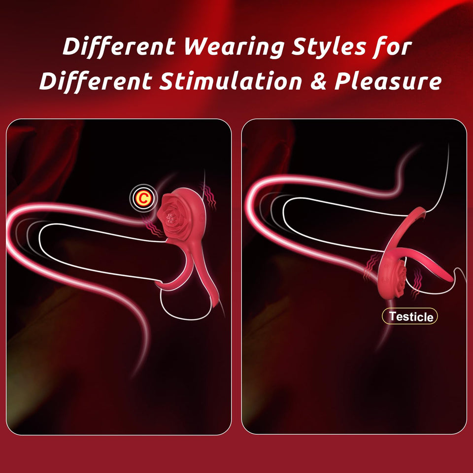 Vibrating Cock Ring with Rose Clitoral Stimulator, Pleasure Penis Ring Vibrator Couples Adult Sex Toys for Men Women, 7 Vibratio