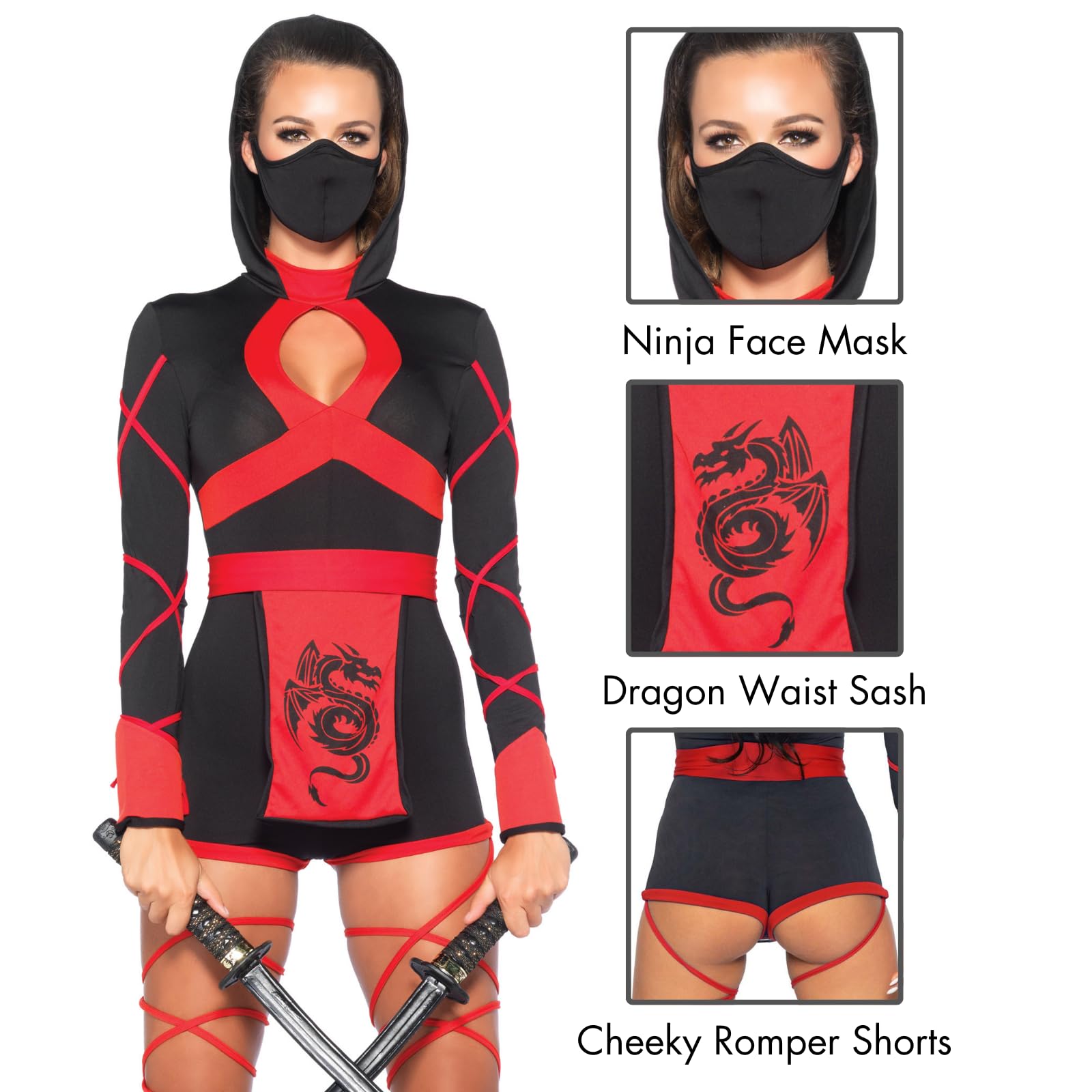 Leg Avenue 3Pc.Dragon Ninja Hooded Romper Black/Red Color