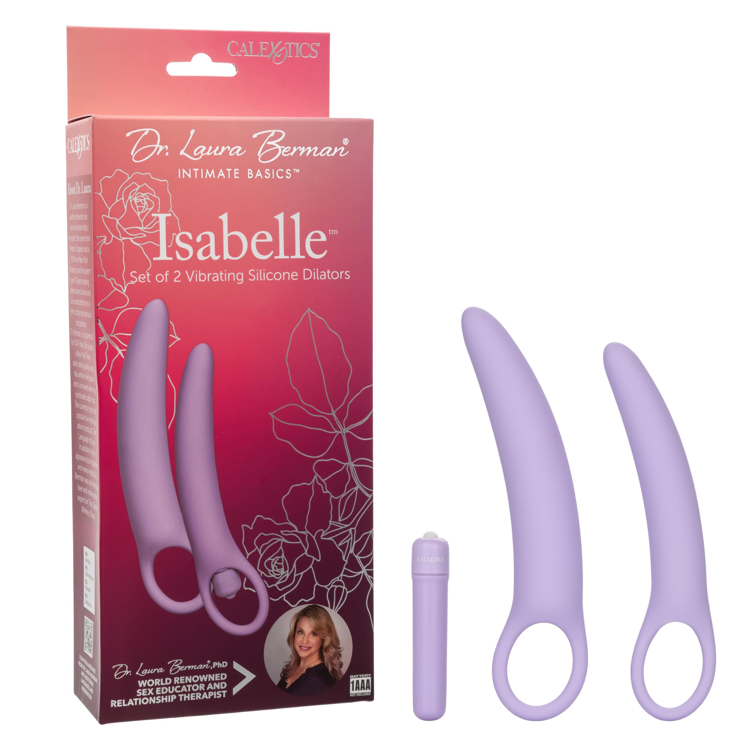 Calexotics Dr Laura Berman Intimate Basics Isabelle - 2 Piece Vibrating Silicone Dilators Set With Ergonomic Finger Loop - Waterproof Fetish Sex Toys For Couples - Purple