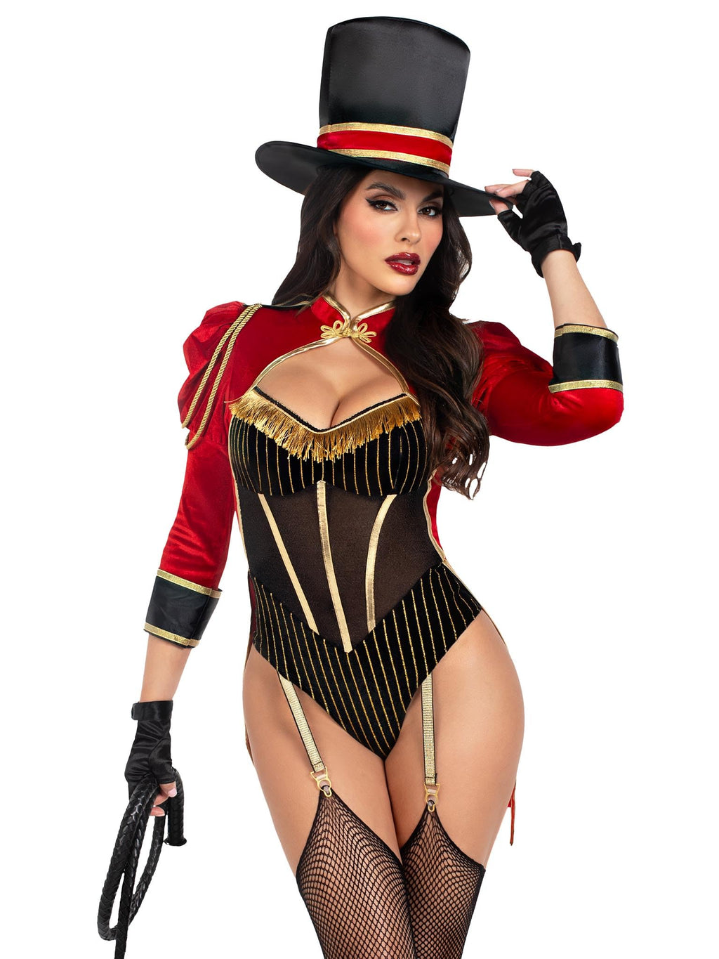 2 PC Ravishing Ringmaster, includes gold trimmed garter teddy with snap crotch and attached velvet tail coat, and top hat.