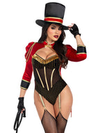 2 PC Ravishing Ringmaster, includes gold trimmed garter teddy with snap crotch and attached velvet tail coat, and top hat.