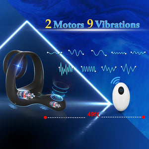 Vibrating Cock Ring Taint Stimulator, Silicone Pleasure Penis Ring Vibrator Couples Adult Sex Toys for Men, Dual Motors 9 Vibrat