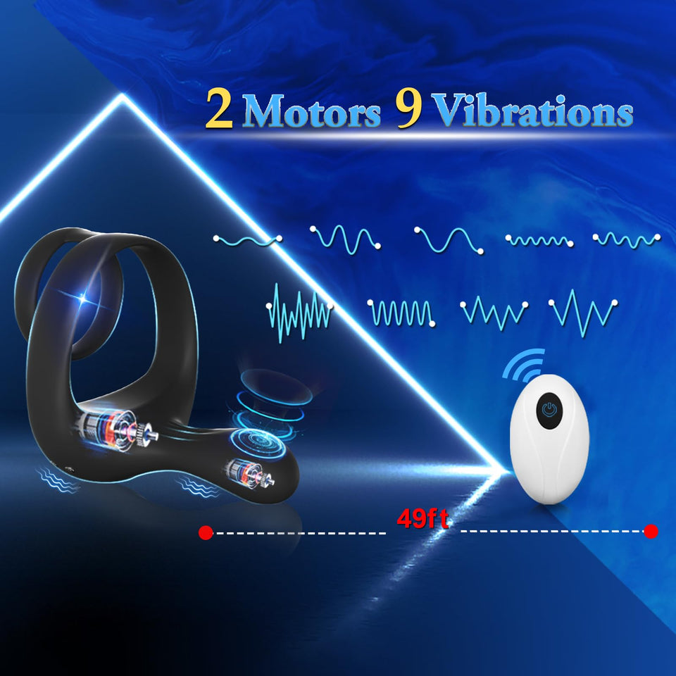Vibrating Cock Ring Taint Stimulator, Silicone Pleasure Penis Ring Vibrator Couples Adult Sex Toys for Men, Dual Motors 9 Vibrat