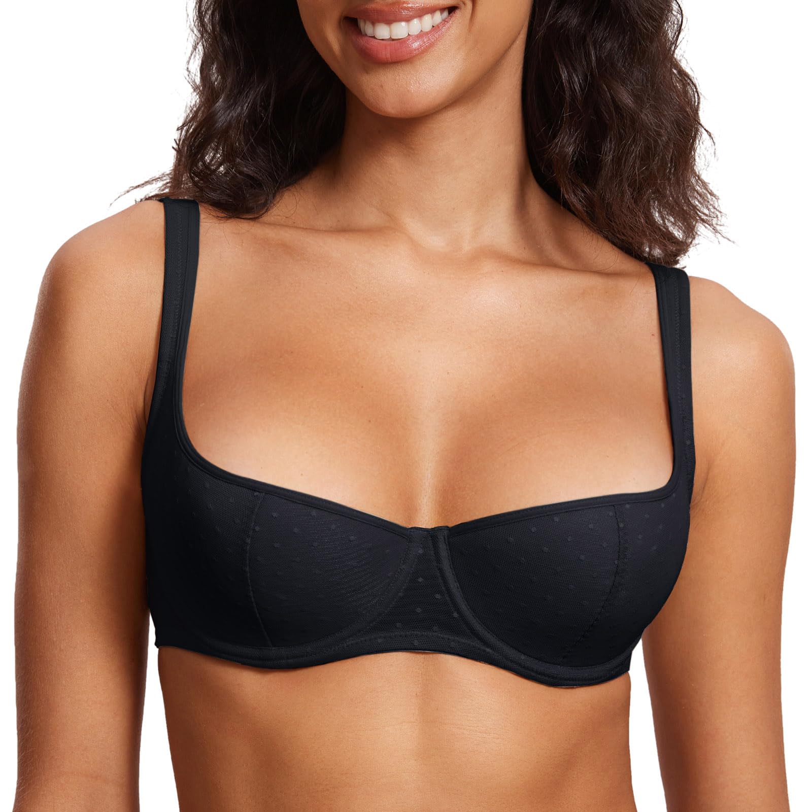 DOBREVA Womens Balconette Bra Lightly Padded Plus Size Sexy Mesh Demi Underwire Bras Wide Cushioned Straps Black 36DD