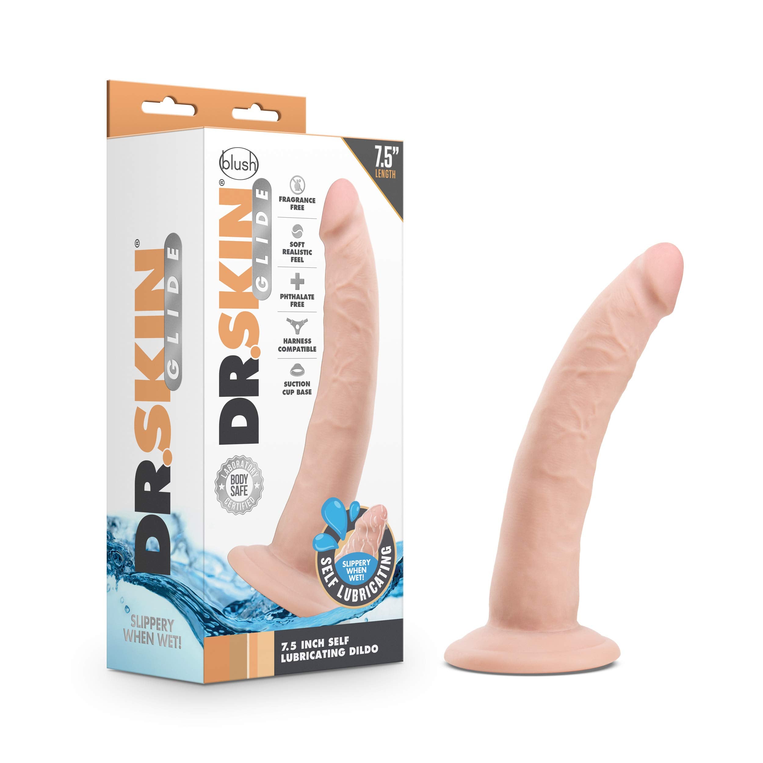 Blush Novelties Dr. Skin Glide - 7.5 Inch Self Lubricating Feels Like Skin Soft Realistic Dildo - Slim 1.5 Inch Thick - Strap On