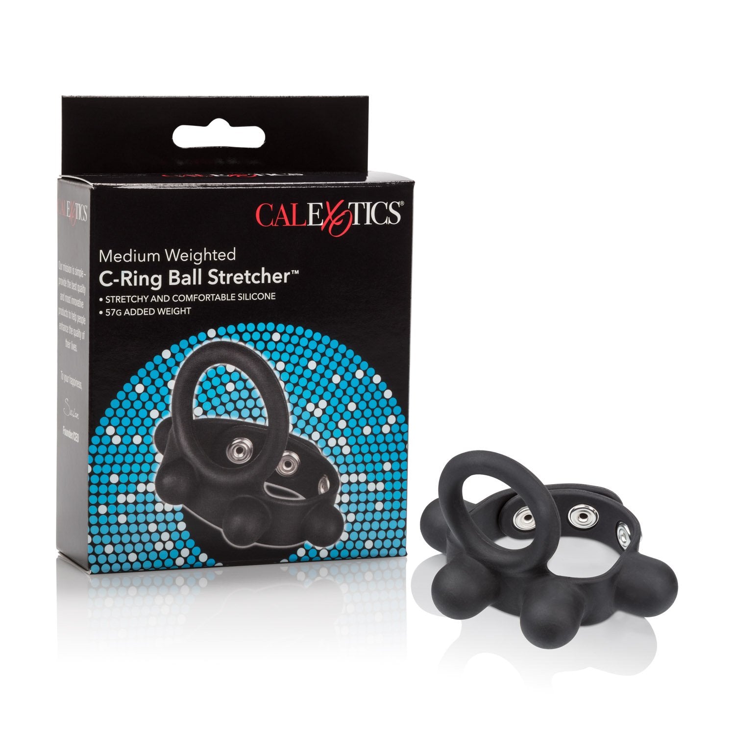 CalExotics Medium Weighted C-Ring Ball Stretcher Silicone with Fully Adjustable 3 Snap Design Erection Enhancer, Black (43056)