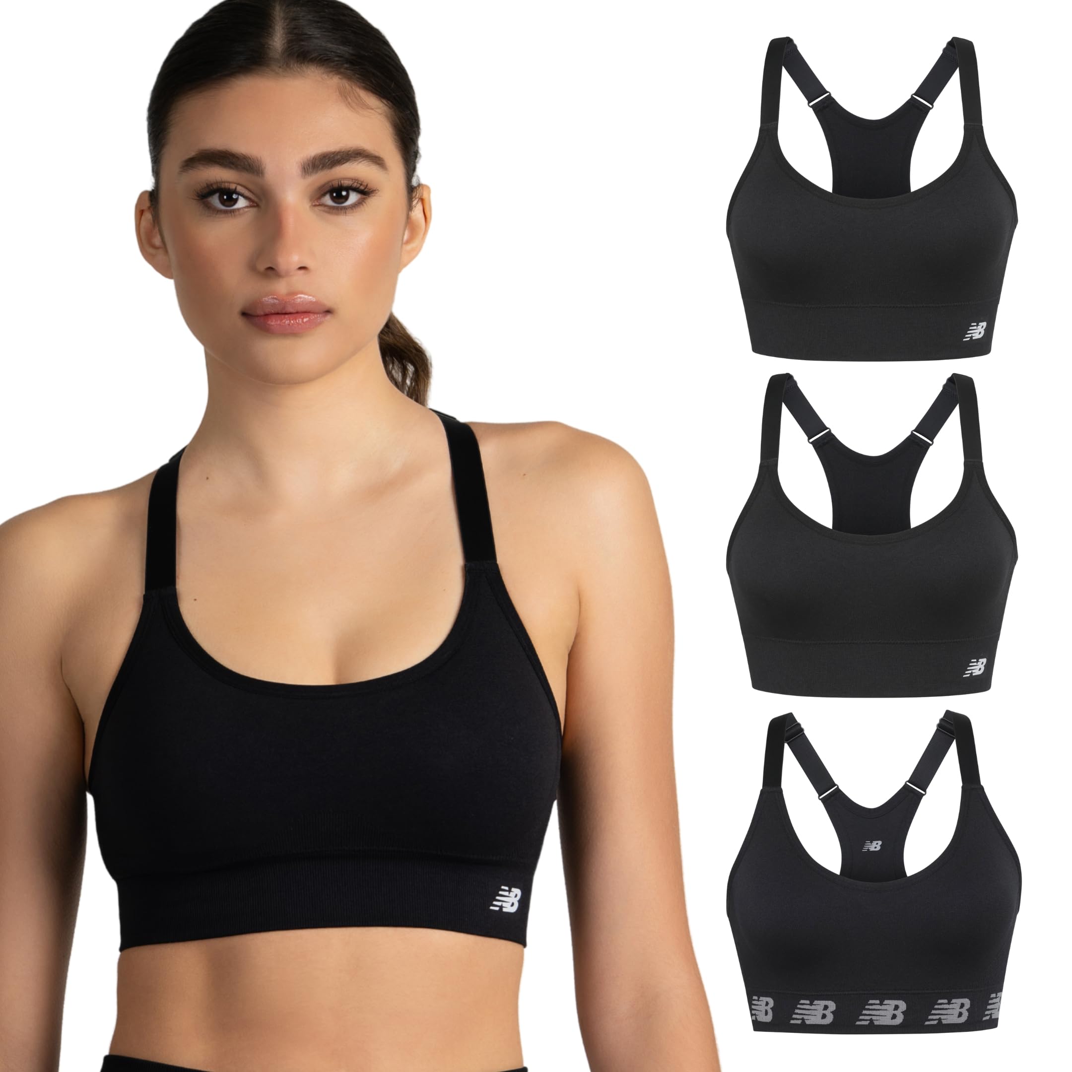 New Balance 3 Pack Seamless Sports Bras for Women, Cami Keyhole Breathability, Gym Sports Bra, Yoga Workout Set, Black, M