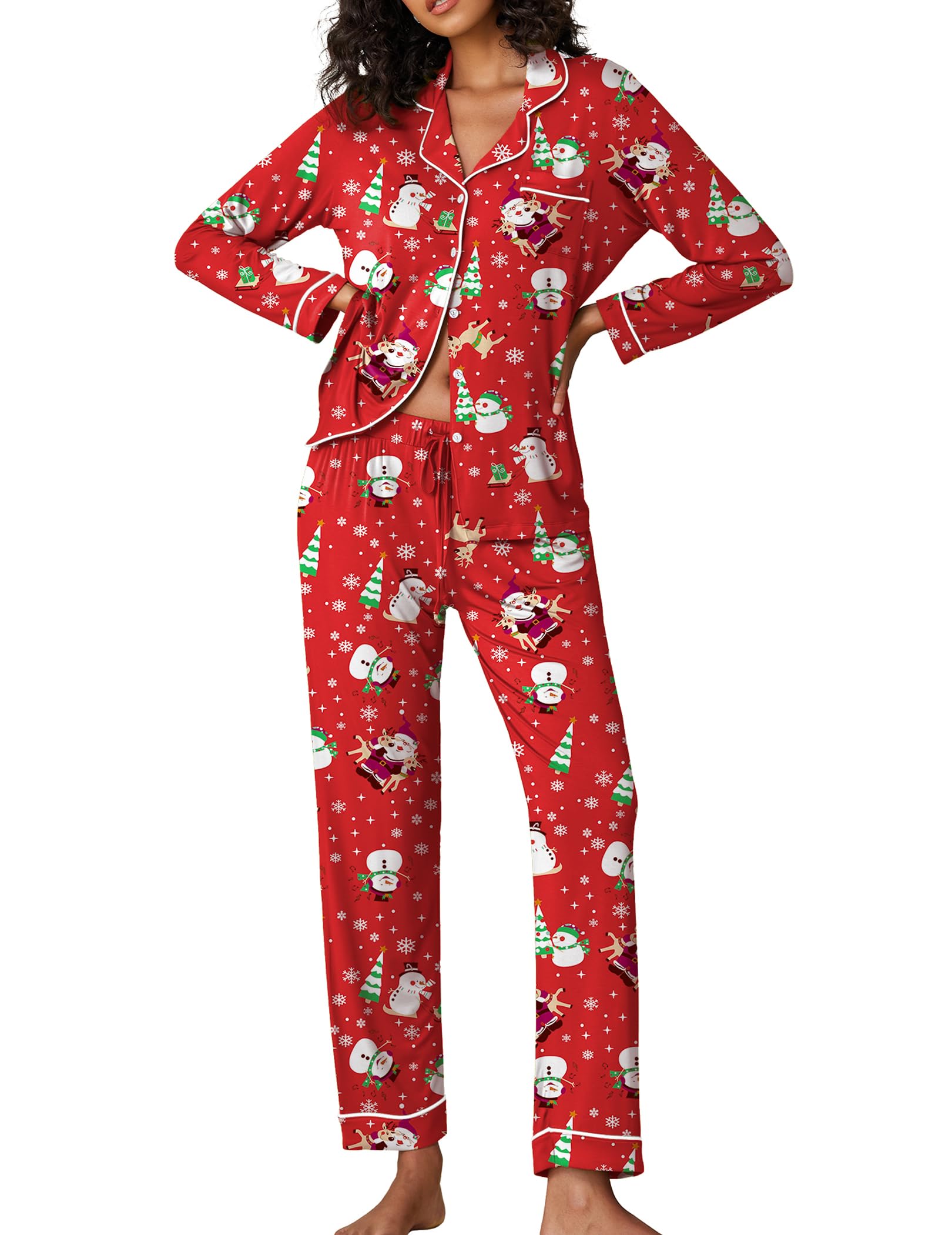 Ekouaer Pajamas Womens Long Sleeve Sleepwear Soft Button Down Loungewear Pjs Lounge Set Nightwear,Christmas Red with Santa,X-Sm