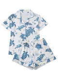Verdusa Pajamas For Women Set 2 Piece Summer Pajama Sets Cute Pjs Lounge Matching Button Shirt with Shorts Turtle Blue Medium