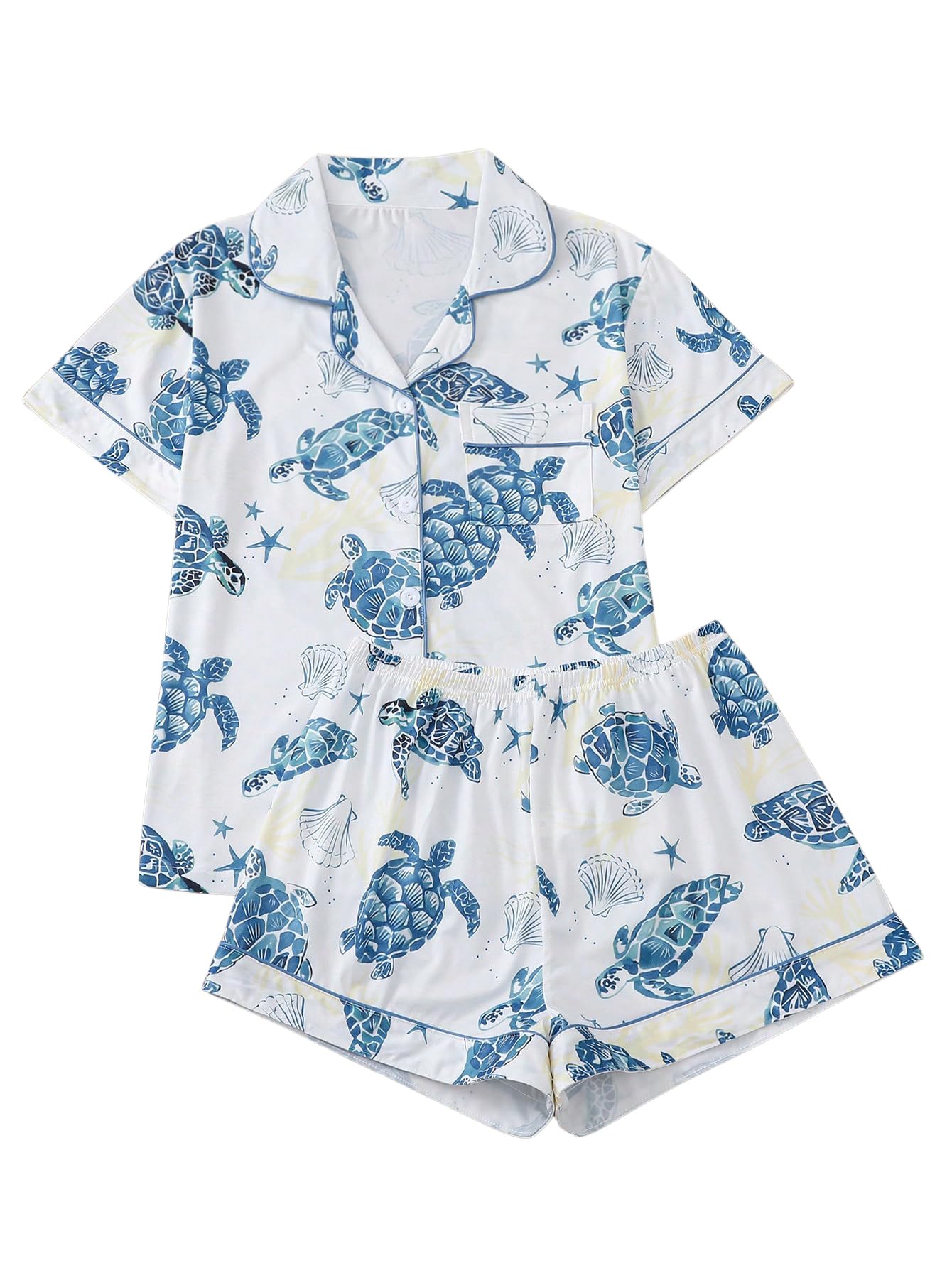 Verdusa Pajamas For Women Set 2 Piece Summer Pajama Sets Cute Pjs Lounge Matching Button Shirt with Shorts Turtle Blue Medium