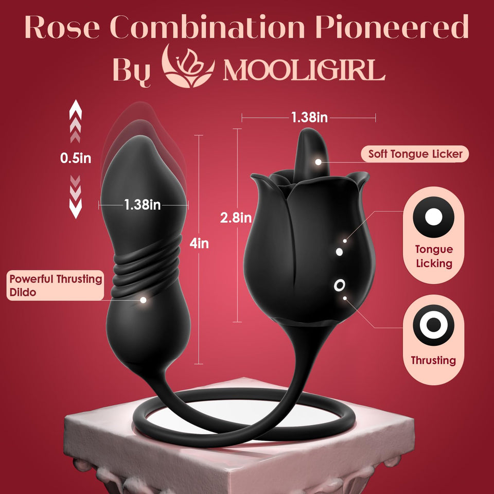 Rose Sex Toys with Thrusting Dildo - 3 in 1 Adult Toys Clitoral G Spot Vibrator Rose Sex Stimulator for Women with 9 Tongue Lick