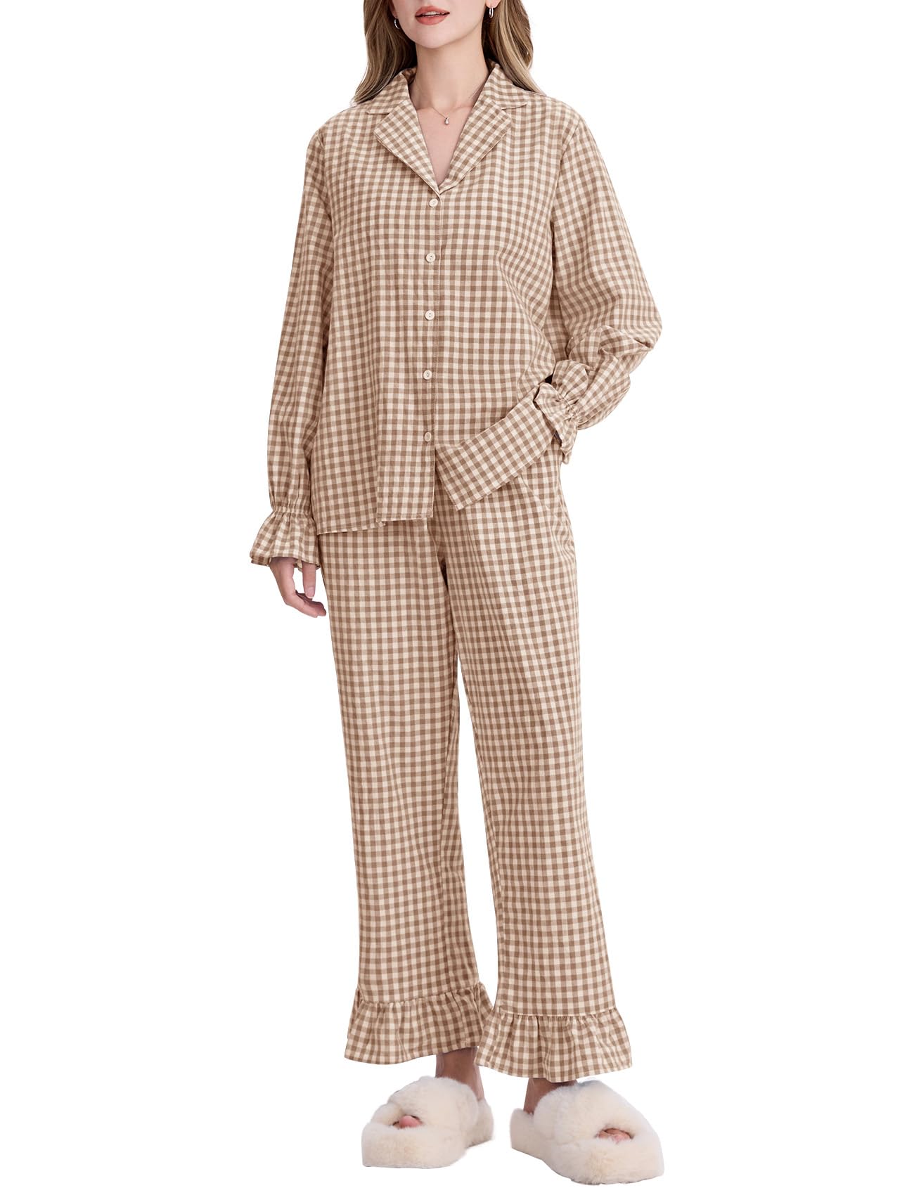 Kissonic Women Gingham Pajama Sets Cotton Long Sleeve Button Down Shirt and Pants Y2K Pjs Lounge Set Sleepwear(Brown-L)