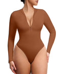FeelinGirl Mock Turtle Neck Zip Up Bodysuit for Women Ribbed Deep V Bodysuit Shirts Tummy Control Body Suits Dark Brown XS/S