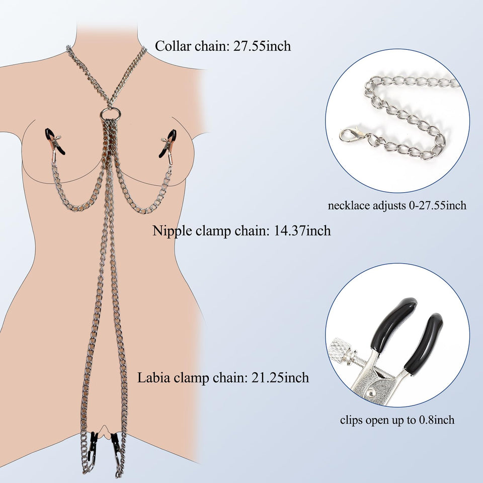 BDSM Sexy Nipple Clamps Pussy Clamps with Chain Non-Piercing Set Body Jewelry, Adjustable Breast Clips Labia Clit Clamp, Sex Bon